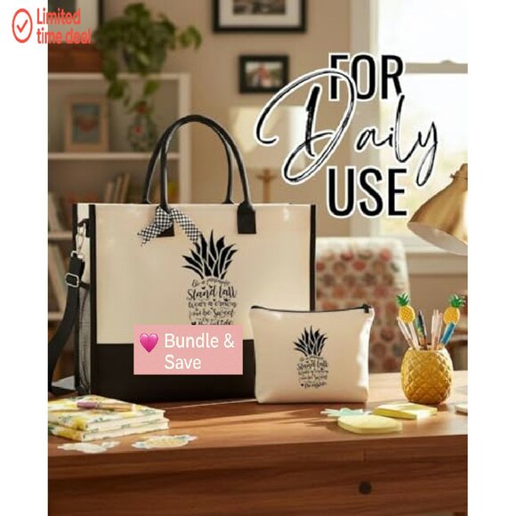 Large Canvas Tote Bag with Zipper, Pockets, Detachable Strap, Makeup Pouch - Picture 3 of 8